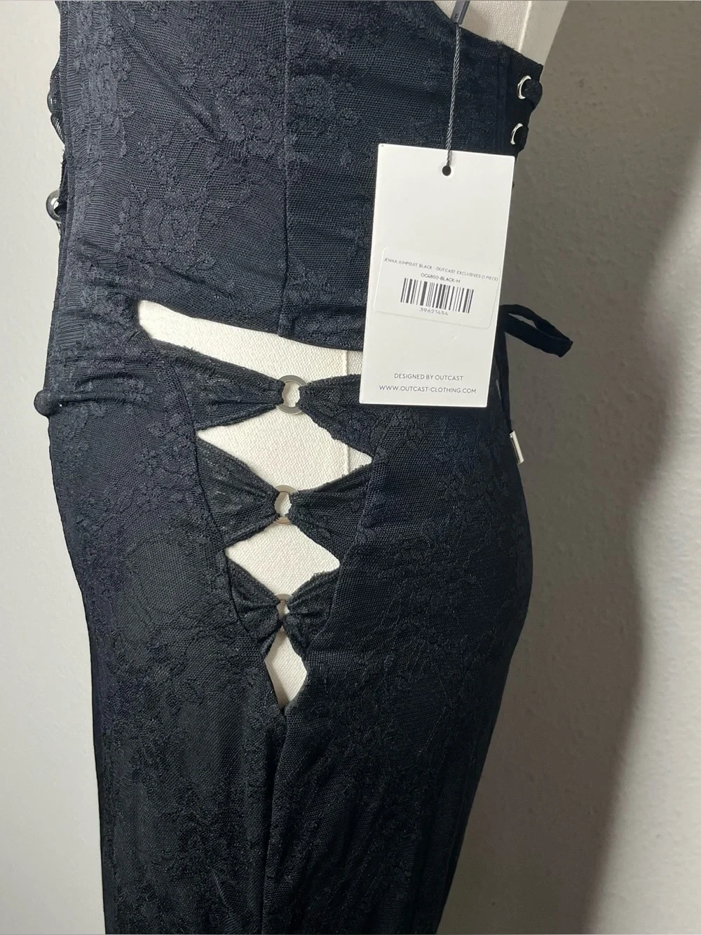 NEW Outcast Lace Up Halter Jenna Jumpsuit in Black Floral Lace